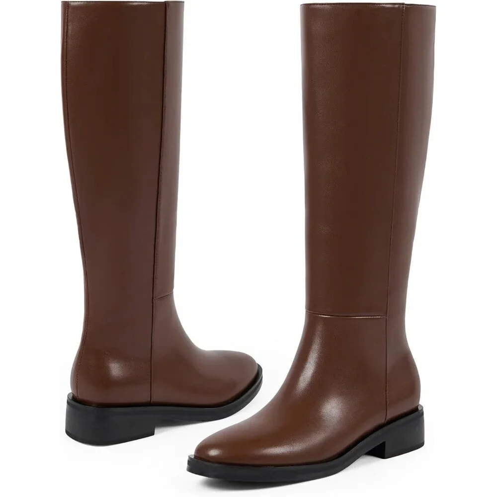 Women Polyurethane Brown Round Toe Flat Heel Side Zipper Knee High Tall Boots